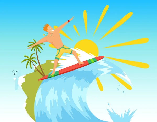 Surfista cavalcando l'onda. Illustrazione vettoriale in stile piatto . — Vettoriale Stock