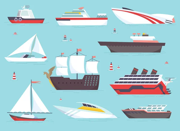 Statków morskich, żeglugi łodzi, ocean transport wektor ikony Ustaw — Wektor stockowy