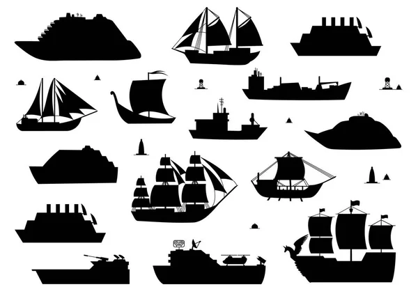 Moře loď siluety. Lodě, přizpůsobený k otevřenému moři pobřežní lodní dopravy, obchodu a cestování. Vektorové ploché styl kreslené ilustrace izolované na bílém pozadí. — Stockový vektor