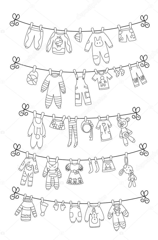 Various items of baby clothes on rope isolated coloring vector illustration. Laundry held by plastic pegs drying.