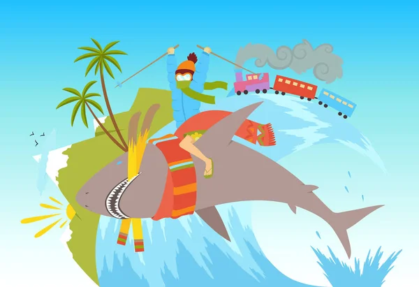 Vector ilustracja koncepcja letnich wakacji, Podróże, Turystyka, podróż, rekreacja, odpoczynek, surfing, narty. Koncepcja wakacji letnich i zimowych na białym tle. — Wektor stockowy