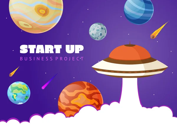 Start up concept space background with ufo and planets. Web design. Space exploring vector illustration. — Stock Vector