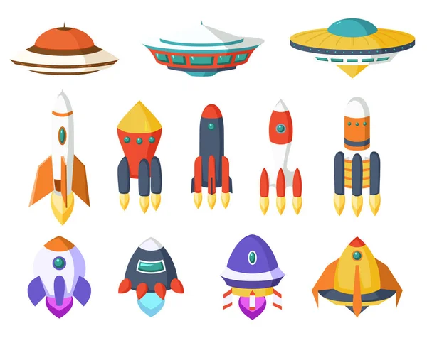 Vector van ruimteschip, ruimtevaartuig, raket, UFO. Een set van leuke en kleurrijke icon collectie geïsoleerd op witte achtergrond. — Stockvector