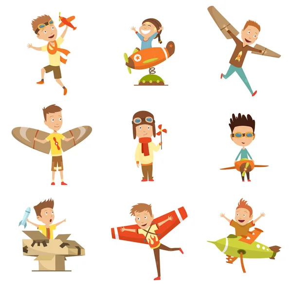 Kleine Kinder in Pilotenkostümen träumen davon, das Flugzeug zu steuern und spielen mit liebenswerten Zeichentrickfiguren. — Stockvektor
