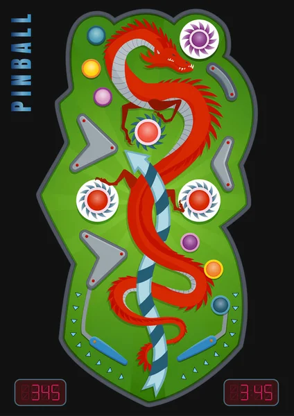 Composición de pinball coloreada y realista con descripción de golpe de pinball e ilustración de vector de imagen de dragón . — Archivo Imágenes Vectoriales