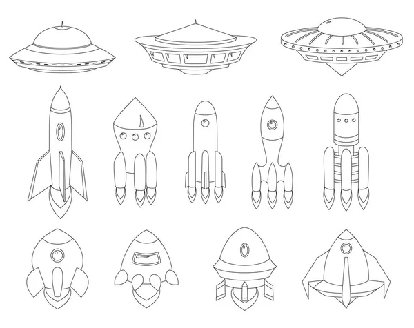 Vektor von Raumschiff, Raumschiff, Rakete, Ufo-Malbuchseite. eine Reihe von niedlichen und bunten Symbolen Sammlung isoliert auf weißem Hintergrund. — Stockvektor
