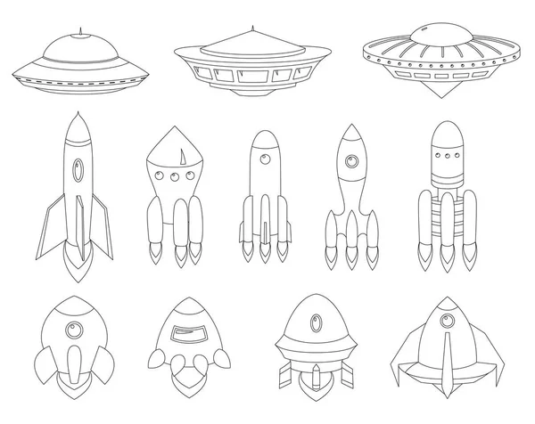 Вектор космического корабля, космических аппаратов, ракеты, страницы раскраски НЛО. Набор милых и красочных иконок коллекции изолированы на белом фоне . — стоковый вектор