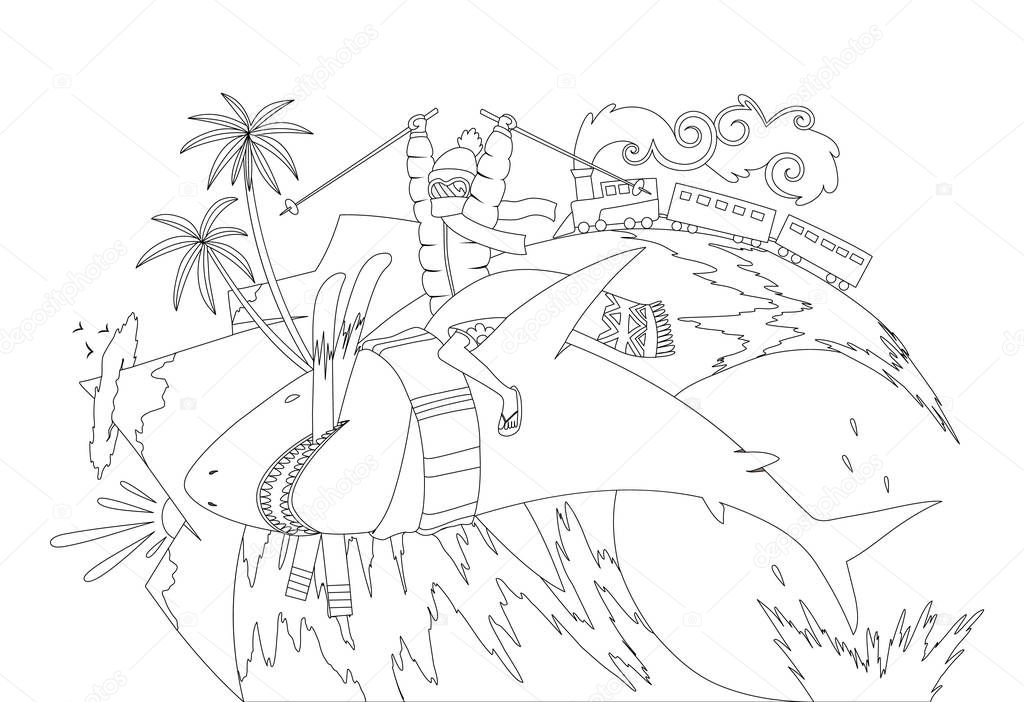 Vector illustration concept of summer vacation, traveling, tourism, journey, recreation, rest, surfing, ski coloring book page. Summer and winter holiday concept isolated.