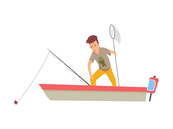 Ícones planos do pescador. Pessoas de pesca com peixes e equipamentos conjunto vetor. Equipamento de pesca, lazer e hobby captura peixe ilustração . — Vetor de Stock