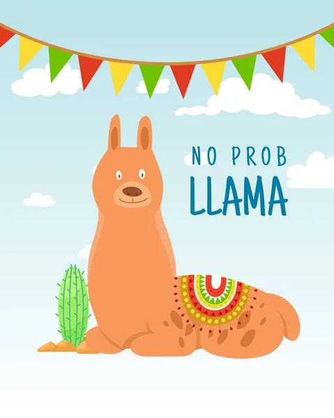 Cool cartoon doodle alpaca belettering offerte met geen prob Lama. Grappige dieren in het wild dier op cactus achtergrond, lama citaten vector illustratie van het concept. — Stockvector