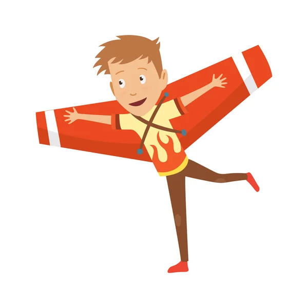 Μικρό αγόρι σε πιλότος στολή ονειρεύεται να πιλοτάρει το αεροπλάνο, παίζοντας με τα παιχνίδια λατρευτός χαρακτήρες κινουμένων σχεδίων. — Διανυσματικό Αρχείο