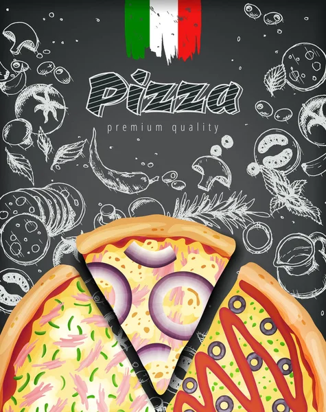 Pizza italiana annunci o menu con illustrazione ricchi condimenti pasta su stile inciso gesso scarabocchio sfondo . — Vettoriale Stock