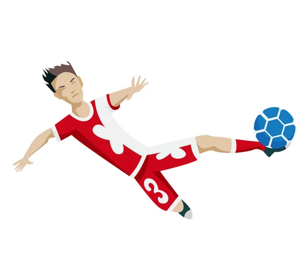Voetbalspeler karakter toont acties. Vrolijke voetballer die de bal schopt, springt. Eenvoudige stijl vector illustratie. — Stockvector