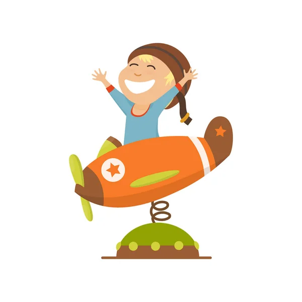 Kleiner Junge im Pilotenkostüm träumt davon, das Flugzeug zu steuern und spielt mit liebenswerten Zeichentrickfiguren. — Stockvektor