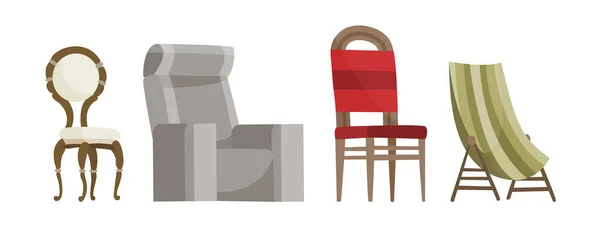 Φορέας καρέκλα άνετο κάθισμα για το εσωτερικό στυλ. Σχεδιασμός της σύγχρονης καρέκλας και πολυθρόνα εικόνα σετ του στρατοπέδου μπαρ-καρέκλα και πτυσσόμενη καρέκλα απομονωμένη σε λευκό φόντο. — Διανυσματικό Αρχείο