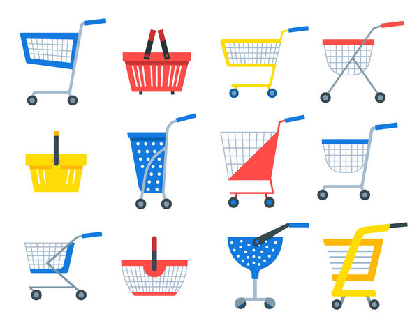 Shopping carts or shop supermarket trolley baskets vector different types flat isolated icons set.