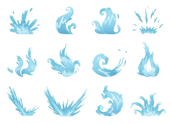 Set di onde blu e spruzzi d'acqua, simboli ondulati della natura in movimento vettoriale Illustrazioni . — Vettoriale Stock