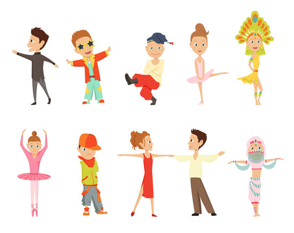 Vector cartoon illustration of little graceful girls-dancer and happy hipster boys isolated on white. Set of little happy kids dancing and smiling. Modern dance, ballet performed by children.