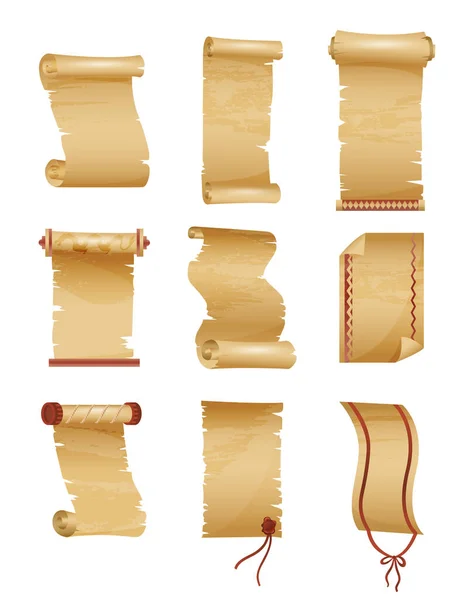 Conjunto de rollo de papel antiguo o antiguo. Rollos horizontales y verticales o manuscrito antiguo, papiro obsoleto, plantilla de fondo pentateuco enrollado. Historia y religión, tema de sabiduría . — Vector de stock