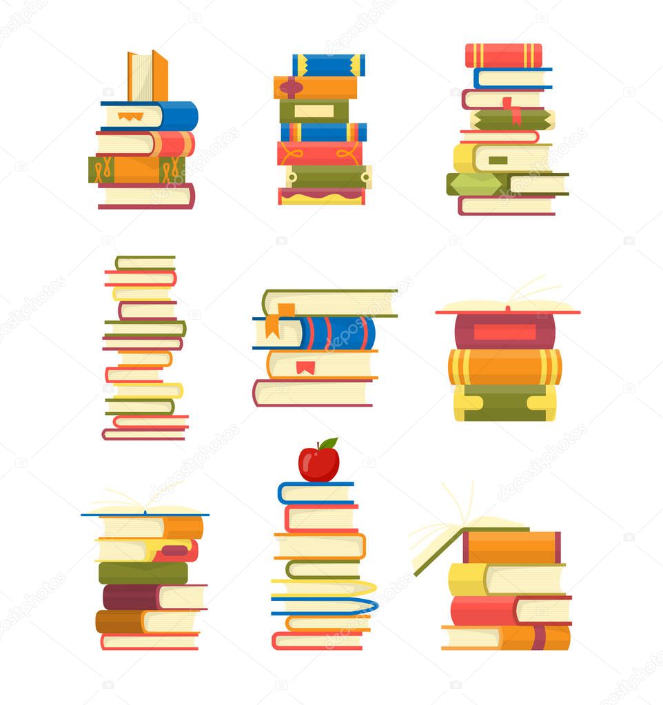 Icons of books vector set in a flat design style. Books in a stack, open, in a group, closed, on the shelf. Reading, learn and receive education through books