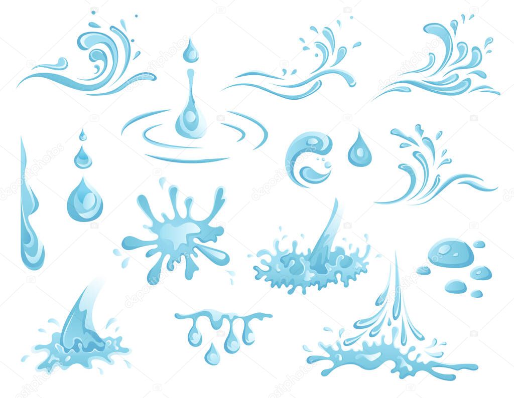 Water And Drop Icons Set - Blue waves and water splashes set, wavy symbols of nature in motion vector Illustrations.