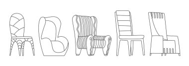 Boyama kitabı sayfası. İç mekan için koltuk vektörü rahat. Beyaz arka planda izole edilmiş modern sandalye ve koltuk çizimi, bar-sandalye ve katlanır sandalye..