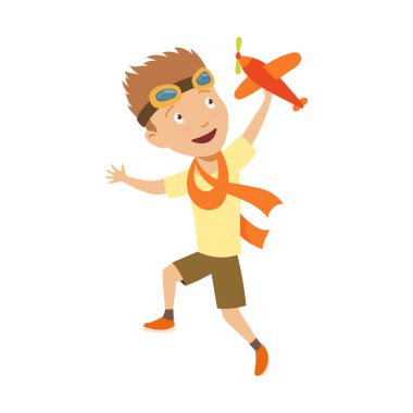 Pilot Kostüm küçük çocuk Uçak Pilotluk Dreaming, Oyuncaklar sevimli çizgi film karakterleri ile oynarken.