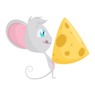Büyük bir dilim peynirli şirin gri fare. Vektör Stok İllüstrasyonları Emoji karakterini izole etti. Fare etiketleri, duygu, durum ve poz içeren ifadeler..