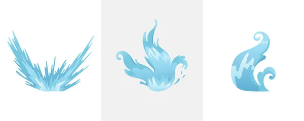 Ondas azuis e salpicos de água conjunto, símbolos ondulados da natureza em movimento vetor Ilustrações . — Vetor de Stock