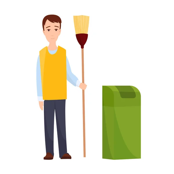 Homme concierge en uniforme nettoyage de sol homme nettoyage tenant serpillière concept de service de nettoyage pleine longueur fond blanc plat . — Image vectorielle
