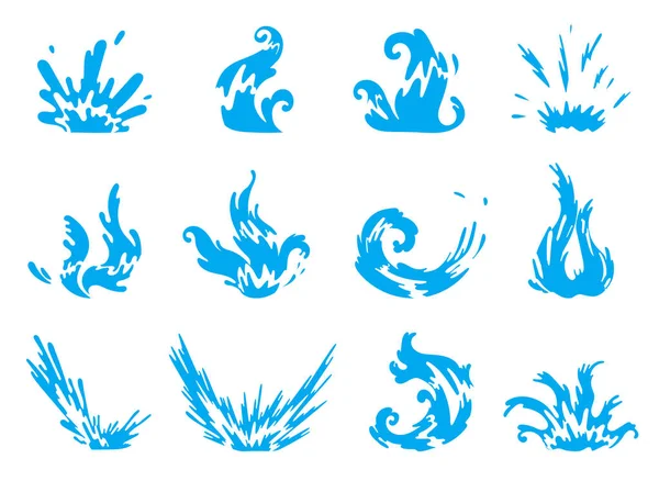 Blauwe golven en water spatten set, golvende symbolen van natuur in beweging vector illustraties. — Stockvector