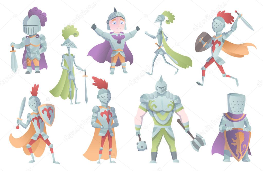 Medieval Knights In Full Armor Set Of Flat Illustrations. The comic caricature. Funny Cartoon Knights.