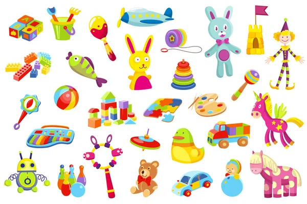 Ensemble de jouets pour bébé. Une variété de jouets pour enfants. Jouets drôles mignons pour petit enfant — Image vectorielle