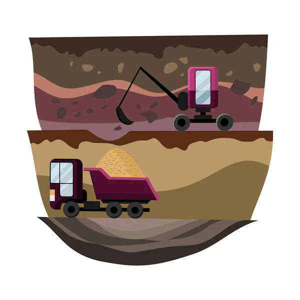 Diseño de recursos naturales. Ilustración vectorial del tesoro nacional de carbón y arena. Cantera minera, camión pesado y una excavadora minera. Equipos para alta industria minera — Archivo Imágenes Vectoriales