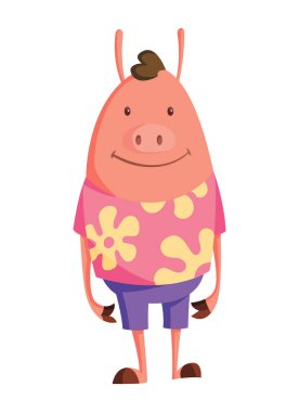 Tişörtünde çiçek desenli gençlik kıyafetleri giymiş çizgi film domuzu. Komik çocuklar için çizim. Tişört vektör logosu tasarımı