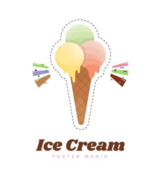 Ice cream sticker or badge. Color vanilla ice cream dessert. Kids sweets. Cute ice cream cone cartoon vector illustration — Stock Vector