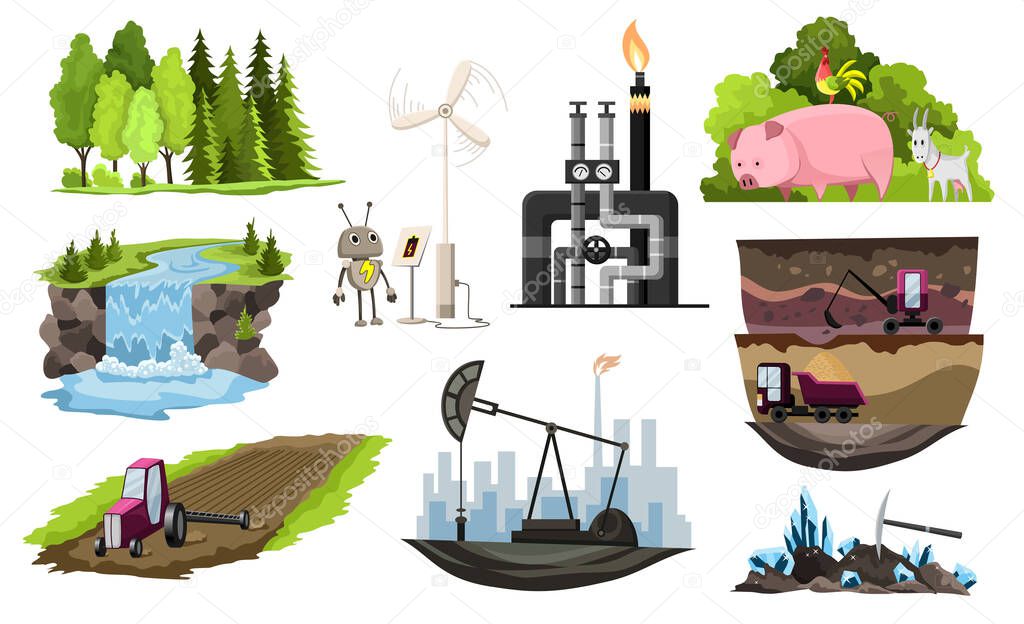 Collection of natural resources design. Vector illustration of types national treasure oil, gas, damond, ground, coal and sand, wood, pet animal, water, alternative technology