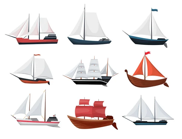 Yat, yelkenli ya da yelkenli koleksiyonu. Seyahat şirketi simgeleri dizaynı. Eski gemileri taşıyın — Stok Vektör