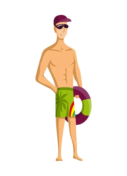 Attività estive sulla spiaggia. Guy stand con cerchio gonfiabile. Vacanze al mare. Stile cartone animato — Vettoriale Stock