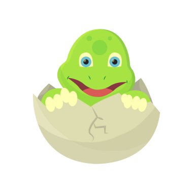Genç mutlu kaplumbağa çizgi film kaplumbağası Agg 'den yumurtadan çıktı. Fanny çocuk. Tişört vektör logosu tasarımı