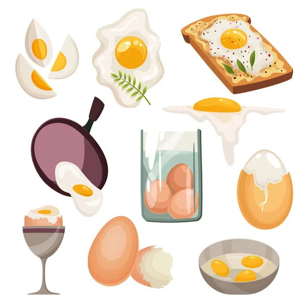 Huevos de dibujos animados aislados sobre fondo blanco. Set de huevos fritos, cocidos, agrietados, rebanados y huevos de pollo en una sartén. Ilustración vectorial. Recogida de huevos en varias formas — Vector de stock