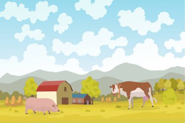 Çevre tarımı. Meadow illüstrasyon eko doğal tarım konsepti. Ekolojik yeşil tarım. Çizgi film vektör çiftliği manzarası. Çiftçi inşaatı ve hayvanlı tarla