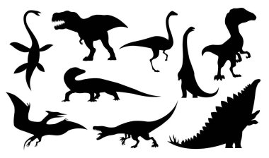 Dinozor siluetleri ayarlandı. Dinozor canavarları simgeleri. Tarih öncesi sürüngen canavarlar. Vektör illüstrasyonu beyazda izole edildi