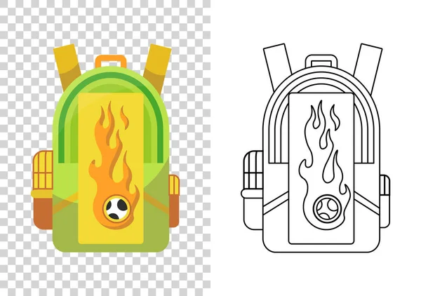 Educação e estudo, ícone da mochila escolar. Sacola estudantil extravagante. Mochila colorida de pupila. Saco escolar para crianças. Desenho e ilustração vetorial de estilo de cor em fundo transparente — Vetor de Stock