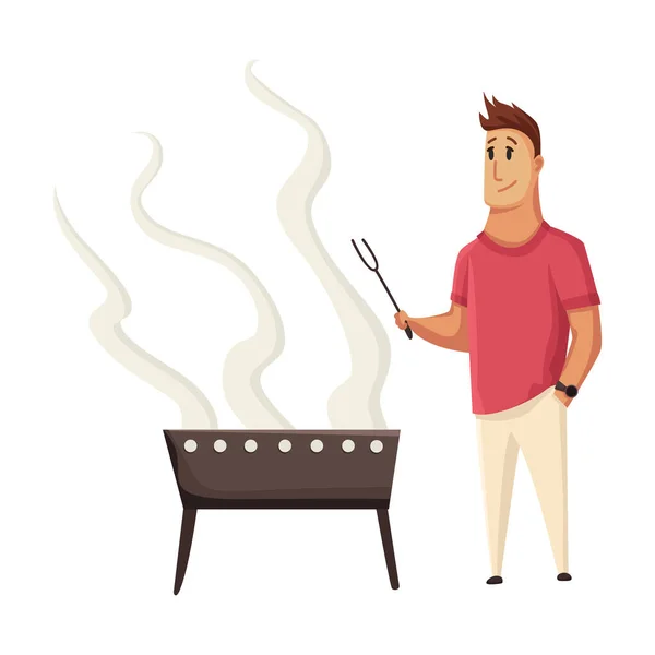 BBQ party. Man with a barbecue grill. Picnic with fresh food steak and sausages. Happy smiling man character cooking a barbecue grill. Vector flat cartoon illustration — Stock Vector