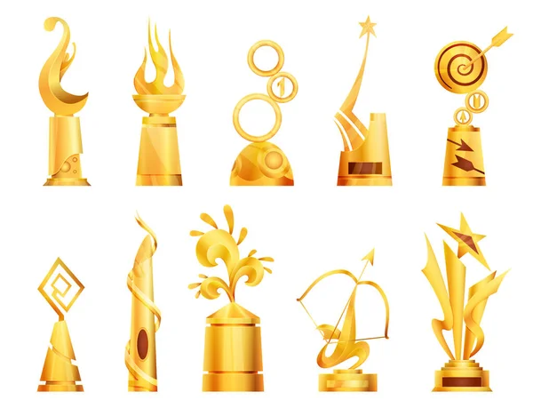 Βραβεία και κύπελλα τρόπαιο. Θρίαμβος βραβεία αθλητισμού και βραβεία, νικητής τρόπαιο χρυσό κύπελλο εικονογράφηση. Τα καλύτερα επιτεύγματα του ανταγωνισμού. Βραβεία σε διάφορα σχήματα — Διανυσματικό Αρχείο