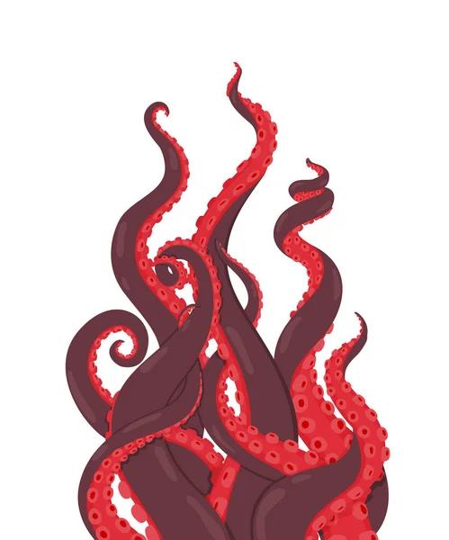 Pulpo. Los tentáculos de pulpo rojo alcanzan hacia arriba. Ilustración vectorial de kraken o calamar. Dibujos animados animal marino submarino — Vector de stock