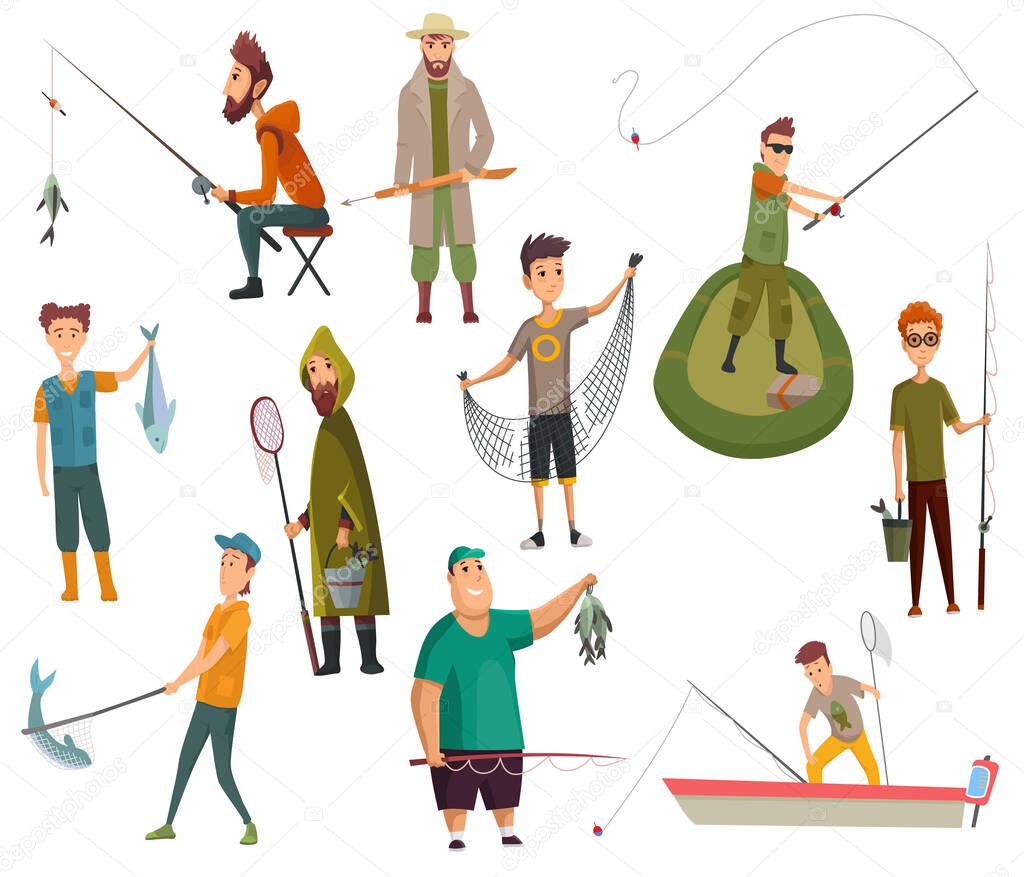 Set of fishermans fishing with fishing rod. Fishing equipment, leisure and hobby catch fish. Fisherman with fish or in boat, holding net or fishing rod. Vector illustration