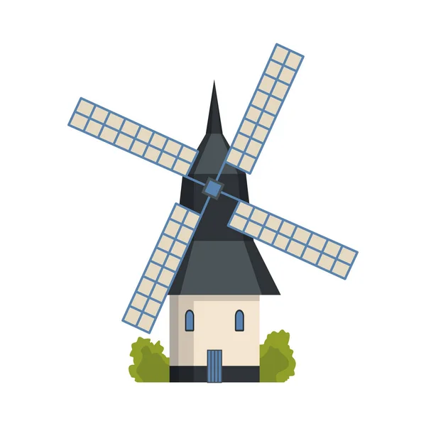 Traditioneel oud Europees windmolengebouw. Oude landelijke windmolen, dorpsboerderij. Alternatieve energieopwekking windmil. Middeleeuwse windmolenpark — Stockvector