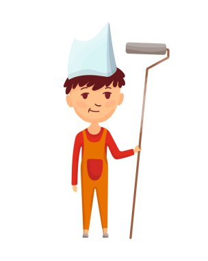 Çocuk müteahhit. Küçük işçi. Patenli çocuklar, iş yapıyorlar. Komik çocuk tamir için hazır.